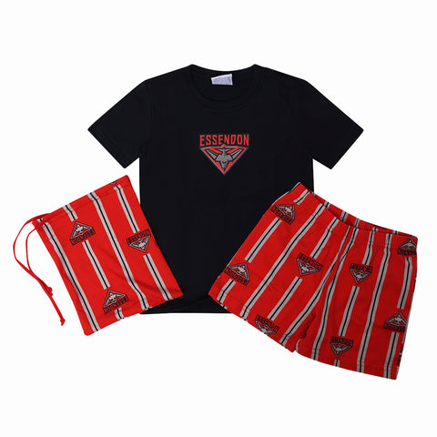 Essendon Bombers AFL Youth Game Day Pyjamas 2-Piece PJ Set - Short Sleeve Tee and Shorts - Official Licensed Kids Sleepwear
