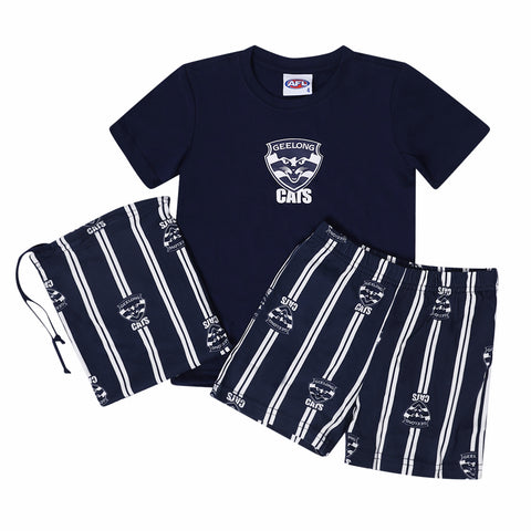 Geelong Cats AFL Youth Game Day Pyjamas 2-Piece PJ Set - Short Sleeve Tee and Shorts - Official Licensed Kids Sleepwear