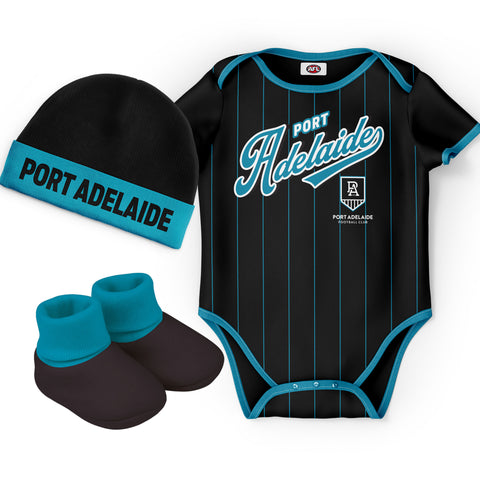 Port Adelaide Power 'Lullaby' Baby Romper Bodysuit 3pc Gift Set