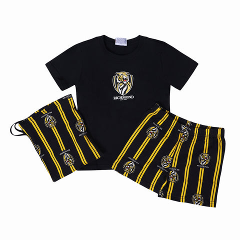 Richmond Tigers AFL Youth Game Day Pyjamas 2-Piece PJ Set - Short Sleeve Tee and Shorts - Official Licensed Kids Sleepwear
