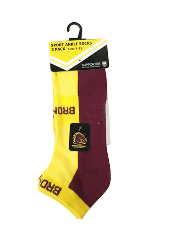 Brisbane Broncos NRL High Performance Sport Ankle Socks 2pk
