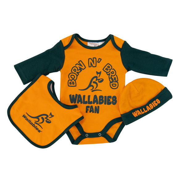 Australian Wallabies Rugby Union Baby Infant Romper Bodysuit Beanie Bib 3pc Gift Set