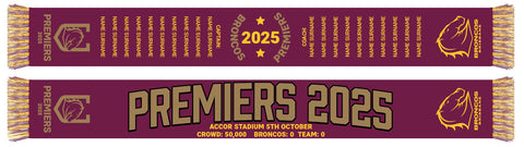 PREORDER - Brisbane Broncos NRL 2025 Premiers Mens Adults Scarf