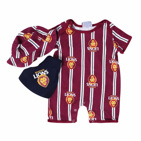 Brisbane Lions AFL Baby 3-Piece Gift Set - Romper, Hat & Dribble Bib