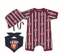 Brisbane Lions Baby Infant Romper Hat & Dribble Bib 3-Piece Gift Set