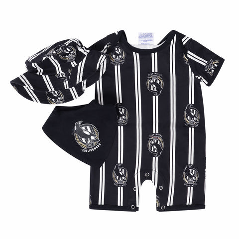 Collingwood Magpies AFL Baby 3-Piece Gift Set - Romper, Hat & Dribble Bib