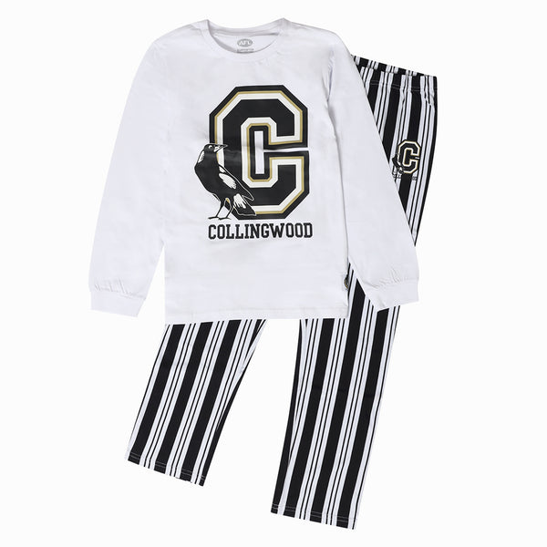 Collingwood Magpies AFL Youth Team Pyjamas 2-Piece PJ Set - Long Sleeve Tee and Pants