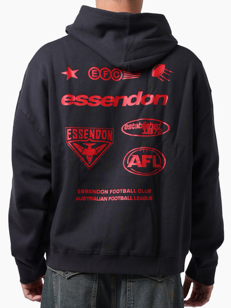 Essendon Bombers Mens Lifestyle Box Fit Washed Black Hoodie