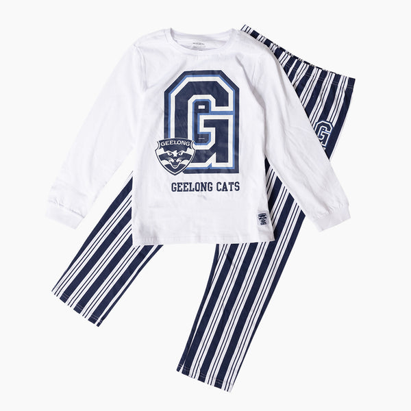 Geelong Cats AFL Youth Team Pyjamas 2-Piece PJ Set - Long Sleeve Tee and Pants