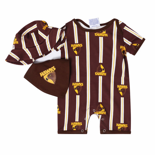 Hawthorn Hawks AFL Baby 3-Piece Gift Set - Romper, Hat & Dribble Bib