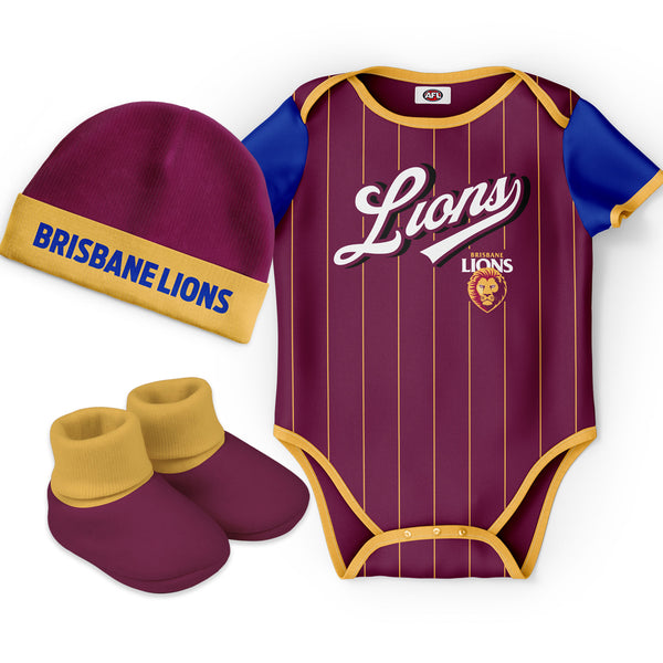 Brisbane Lions 'Lullaby' Baby Romper Bodysuit 3pc Gift Set