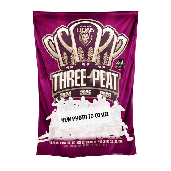PREORDER - Brisbane Lions 2026 Premiers Image Wall Cape Flag PH2