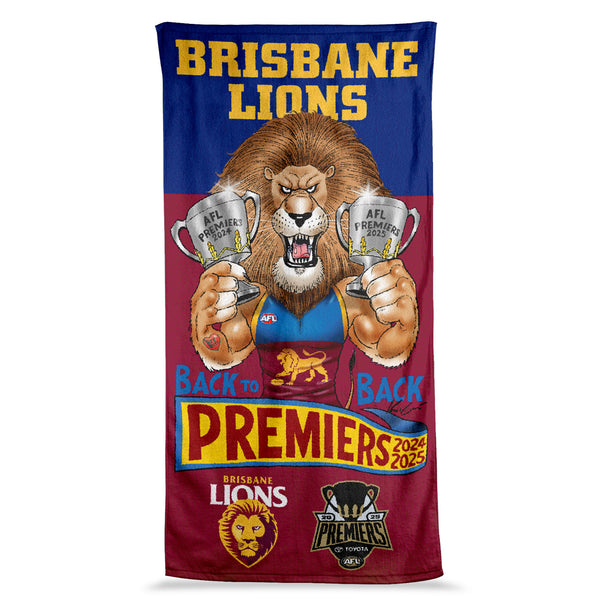 PREORDER - Brisbane Lions 2025 Premiers Caricature Beach Towel PH2
