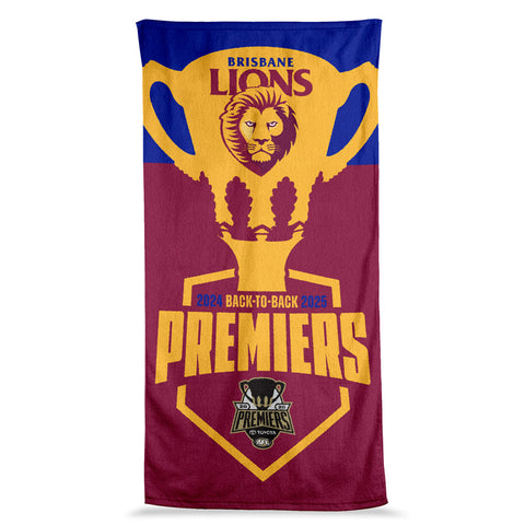 PREORDER - Brisbane Lions 2025 Premiers Logo Beach Towel PH2