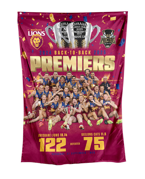 PREORDER - Brisbane Lions 2025 Premiers Image Wall Cape Flag PH2