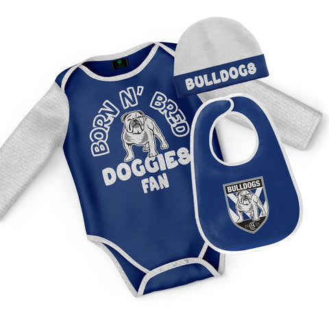 Canterbury Bulldogs NRL Baby Infant Romper Bodysuit Beanie Bib 3pc Gift Set