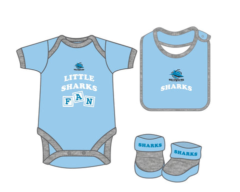 Cronulla Sharks NRL Infant Newborn 3 Pce Romper Bib and Bootie Set