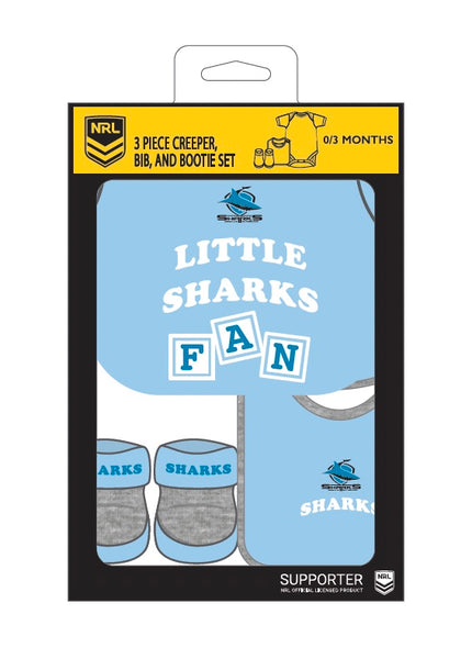 Cronulla Sharks NRL Infant Newborn 3 Pce Romper Bib and Bootie Set
