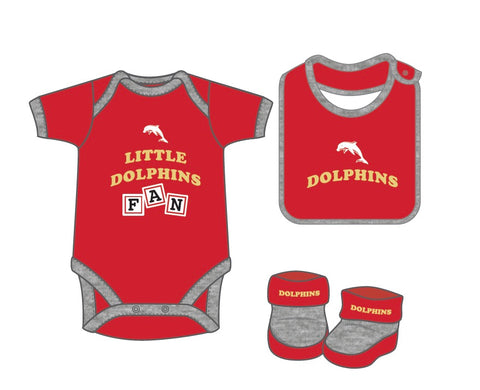 Redcliffe Dolphins NRL Infant Newborn 3 Pce Romper Bib and Bootie Set