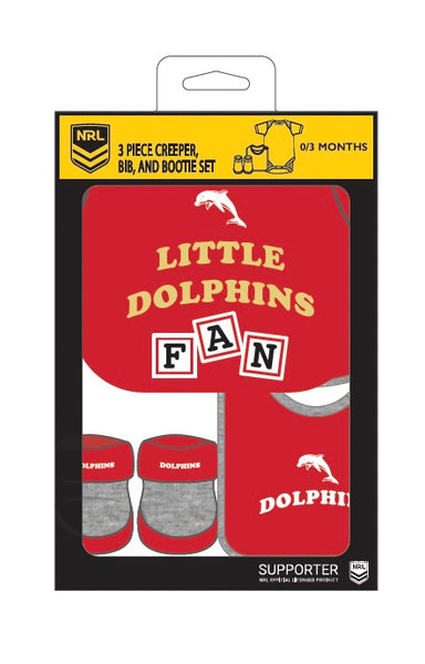Redcliffe Dolphins NRL Infant Newborn 3 Pce Romper Bib and Bootie Set