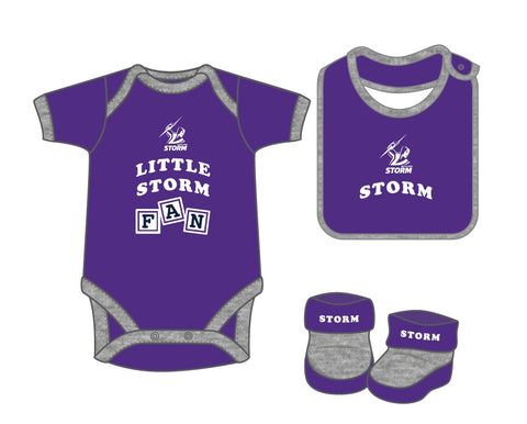 Melbourne Storm NRL Infant Newborn 3 Pce Romper Bib and Bootie Set