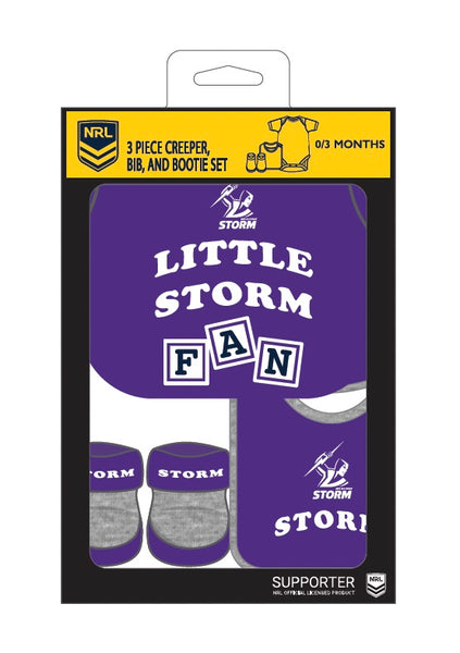Melbourne Storm NRL Infant Newborn 3 Pce Romper Bib and Bootie Set