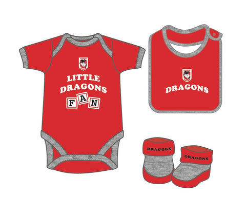 St George Dragons NRL Infant Newborn 3 Pce Romper Bib and Bootie Set