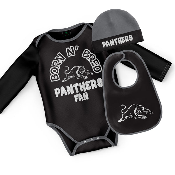 Penrith Panthers NRL Baby Infant Romper Bodysuit Beanie Bib 3pc Gift Set