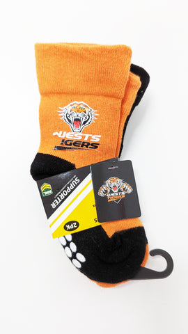 Wests Tigers NRL Baby Infant Nonslip Crew Socks 2 pk size 1-2