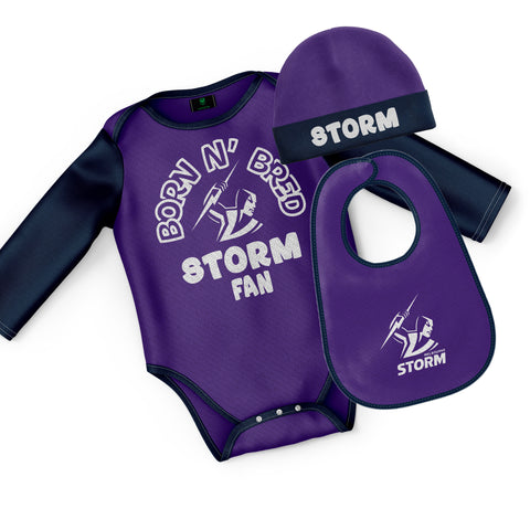 Melbourne Storm NRL Baby Infant Romper Bodysuit Beanie Bib 3pc Gift Set