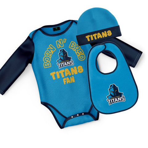 Gold Coast Titans NRL Baby Infant Romper Beanie Bib 3pc Gift Set