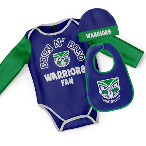 New Zealand Warriors NRL Baby Infant Romper Bodysuit Beanie Bib 3pc Gift Set