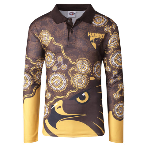 Hawthorn Hawks Mens Adults Indigenous Long Sleeve Polo T-Shirt