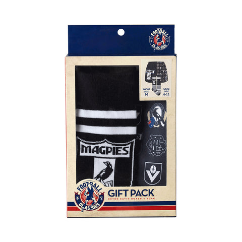 Collingwood Magpies Mens Adults Retro Satin Boxer Shorts and Socks Gift Pack