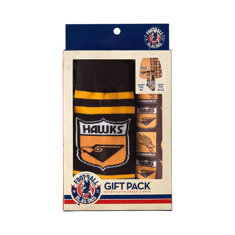 Hawthorn Hawks Mens Adults Retro Satin Boxer Shorts and Socks Gift Pack