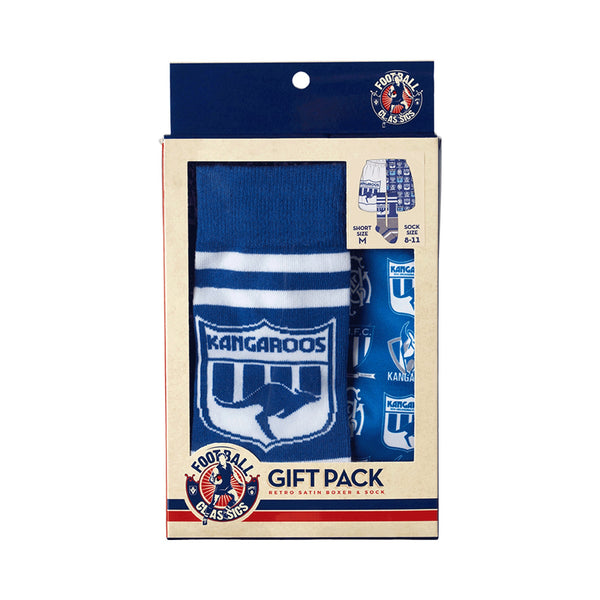 North Melbourne Kangaroos Mens Adults Retro Satin Boxer Shorts and Socks Gift Pack