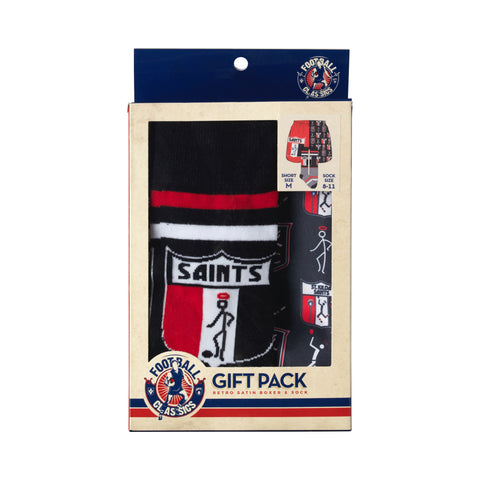 St Kilda Saints Mens Adults Retro Satin Boxer Shorts and Socks Gift Pack