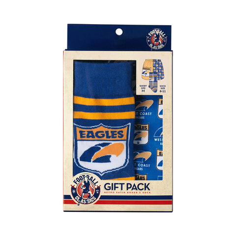 West Coast Eagles Mens Adults Retro Satin Boxer Shorts and Socks Gift Pack
