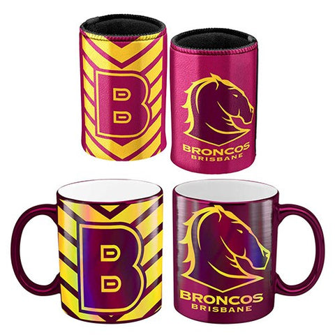 Brisbane Broncos NRL Metallic Mug and Can Cooler Pack