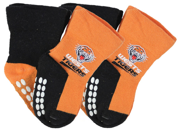 Wests Tigers NRL Baby Infant Nonslip Crew Socks 2 pk