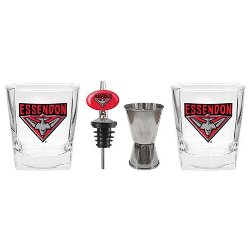 Essendon Bombers Spirit Glasses with Pourer and Jigger
