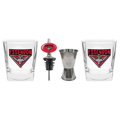 Essendon Bombers Spirit Glasses with Pourer and Jigger